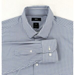 HUGO BOSS P-Hank-Kent Slim Fit Performance Stretch Shirt Mens 16 Blue Geometric